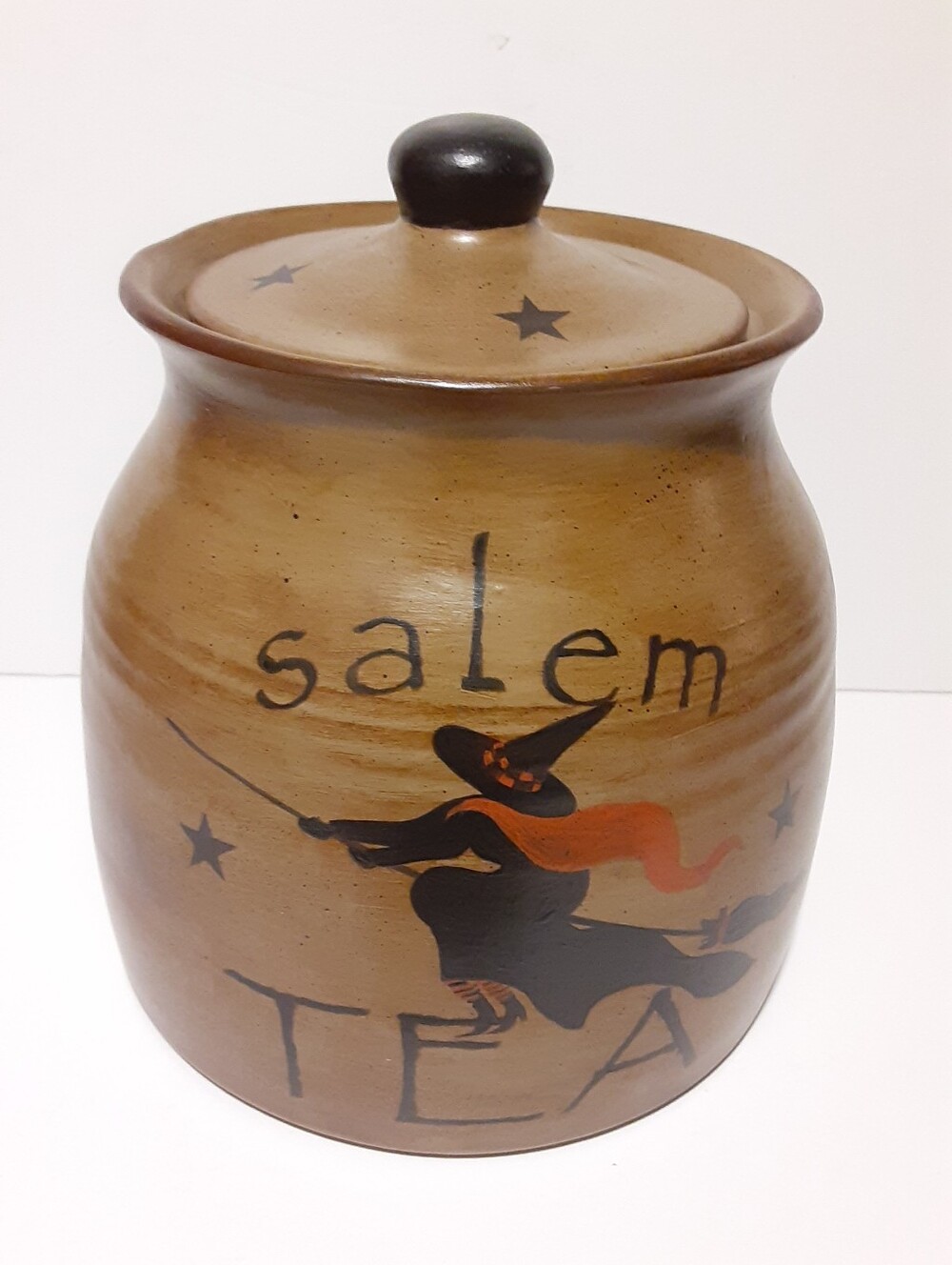 Folk Art Tea Storage Canister Jar Salem Witch Halloween Raney White Signed OOAK